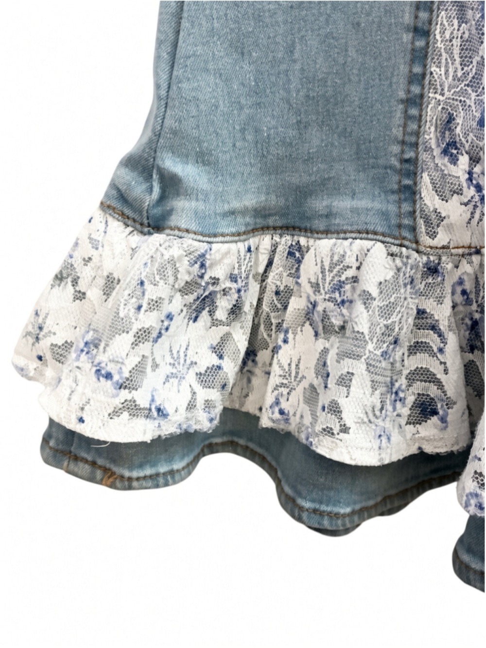 The Vintage Shop Blue Stretch Denim Lace Trim Ruffle Mini Dress Sweetheart L - Picture 7 of 14